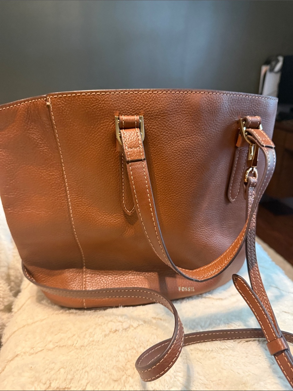 Fossil Brown Pebbled Leather Tote with Detachable Strap
